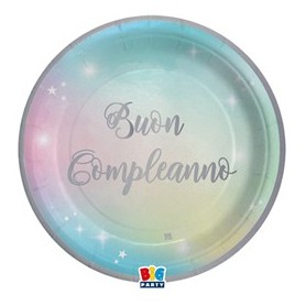8 PIATTI Ã24CM BUON COMPLEANNO SOFT RAINBOW BIG PARTY - 74291