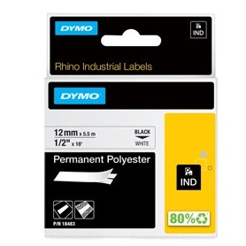 NASTRO POLIESTERE PERMANENTE 12MM X 5.5MT NERO SU BIANCO 18483 RHINO - S0718210
