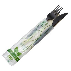 250 BIS COLTELLO E FORCHETTA IN CPLA NERO CON TOVAGLIOLO LEONE - Q2048.Z